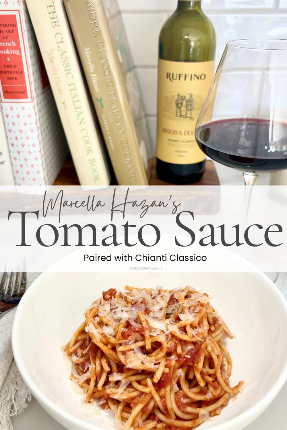 Spaghetti with tomato sauce served with a glass of Chianti wine for an Italian food and wine pairing.