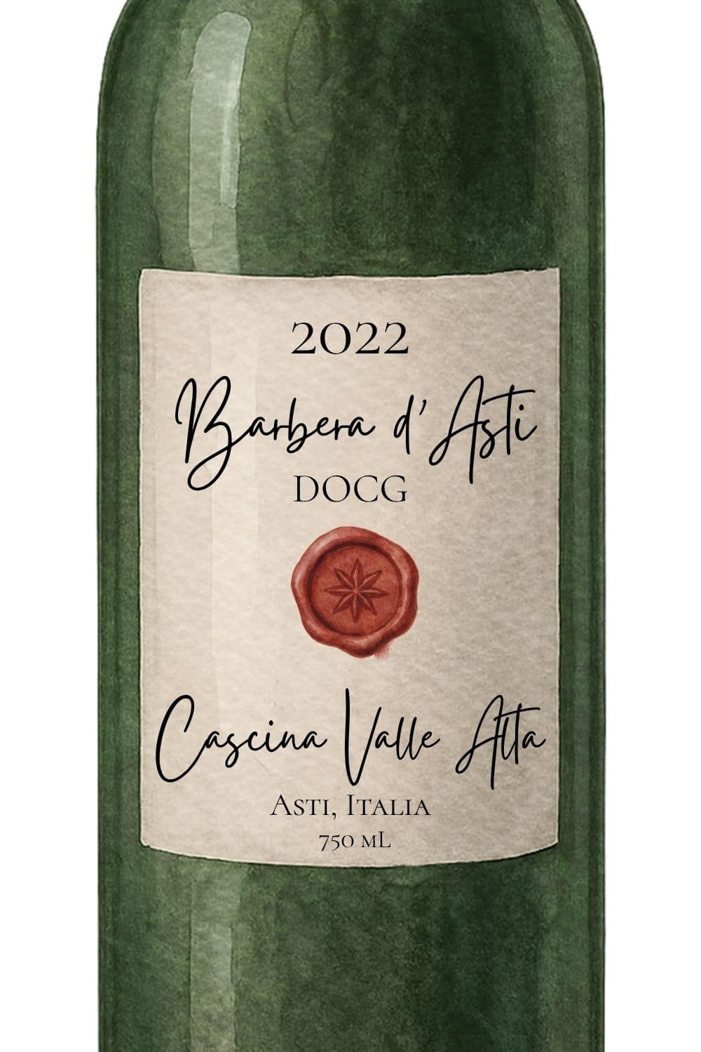 Example Italian wine label showing Barbera d’Asti DOCG with vintage year, producer name Cascina Valle Alta, location Asti, Italy, and bottle size 750 ml on a wine bottle.