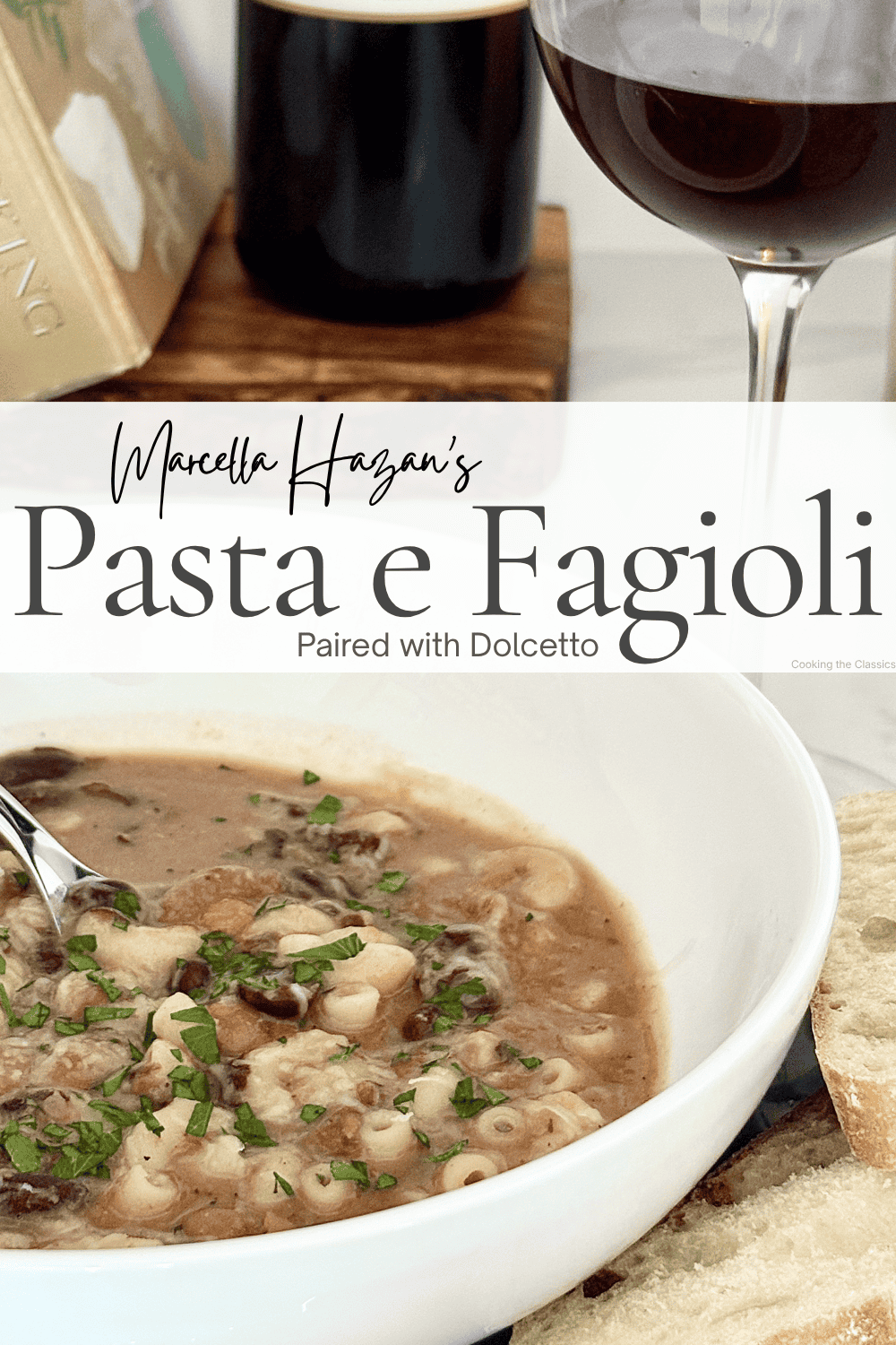 Pasta e fagioli soup with beans and pasta in a bowl paired with red wine, styled with bread and a wine glass