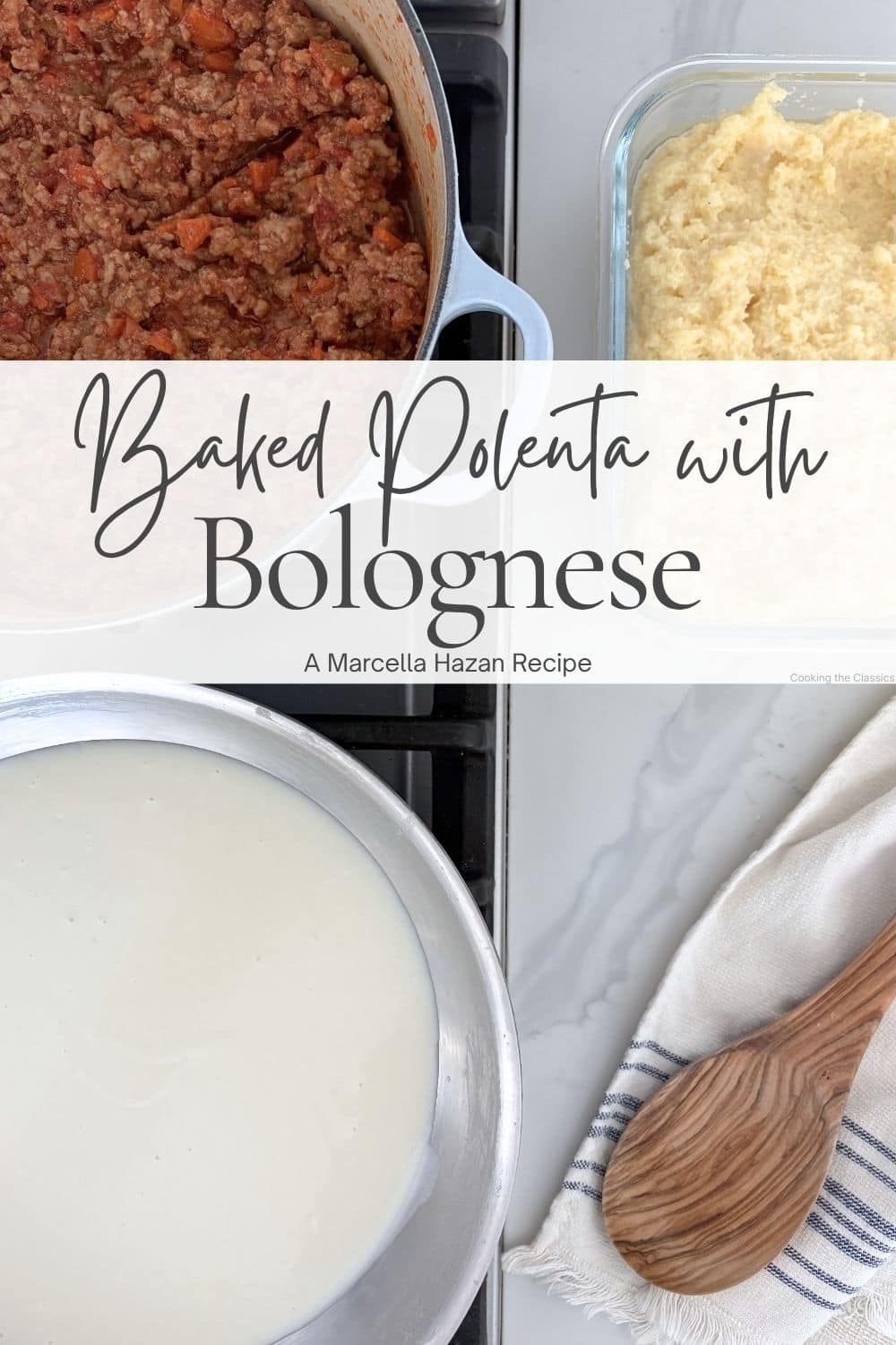 Ingredient flat lay for baked polenta with Bolognese featuring leftover polenta, Bolognese sauce, béchamel, and an olive wood spoon on a marble countertop.