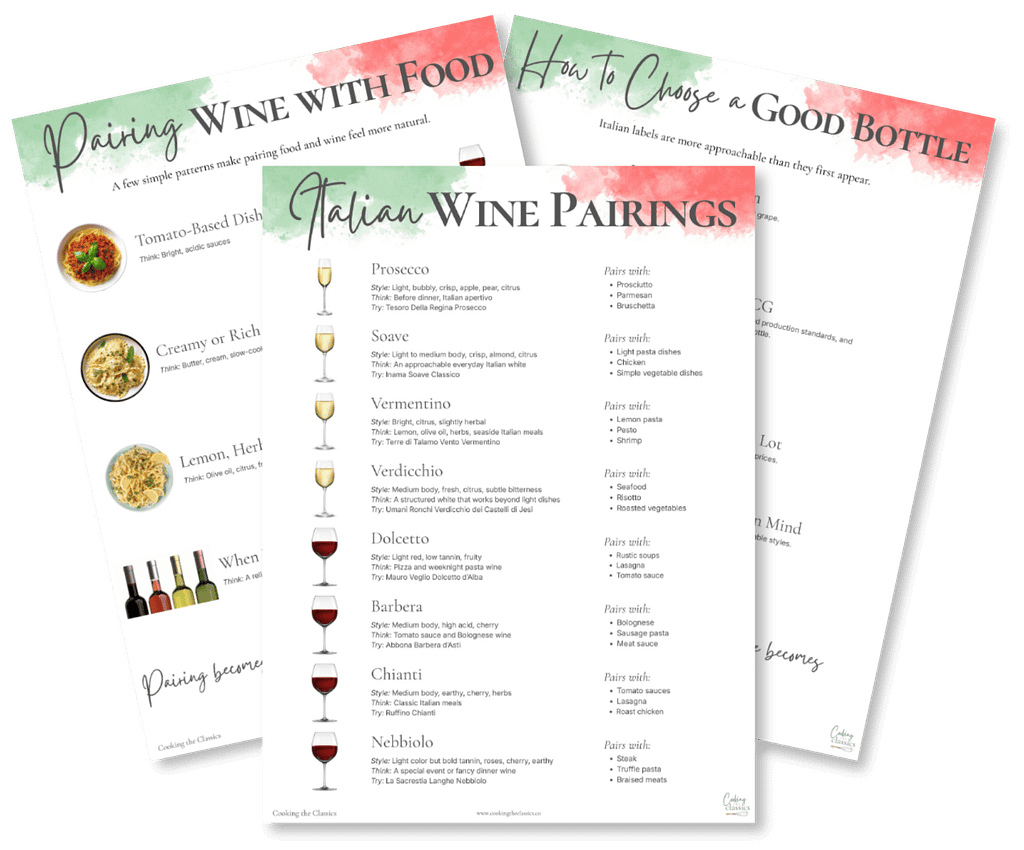 Italian Wine Pairing Guide preview showing three pages: wine styles and pairings, how to pair wine with food, and how to read Italian wine labels