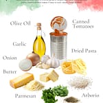 Italian pantry staples guide showing olive oil, canned tomatoes, dried pasta, garlic, onion, butter, Parmesan cheese, arborio rice, fresh herbs, and dried herbs