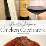 Chicken cacciatore in tomato sauce served with Chianti wine and Marcella Hazan cookbook in the background