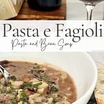 Pasta e fagioli soup with beans and small pasta served with bread and a glass of red wine