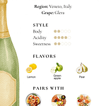 Prosecco Italian wine guide chart showing region Veneto, grape Glera, style body acidity sweetness chart, flavors lemon green apple and pear, and food pairings seafood antipasto and bruschetta.