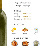 Soave Italian white wine guide showing region Veneto Italy, Garganega grape, flavor notes of lemon almond and white flowers, and food pairings including seafood roast chicken and risotto