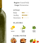 Vermentino wine guide showing coastal Italy region, Vermentino grape, style chart for body acidity and sweetness, flavor notes of lemon green apple and herbs, and pairings with seafood roast chicken and vegetables.