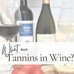 Wine guide graphic titled “What are Tannins in Wine?” featuring red and white wine bottles, wine glasses, tomatoes, and lemons on an olive wood board with a soft white text overlay.