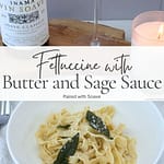 Pinterest graphic featuring fettuccine with butter and sage sauce paired with Soave wine beside a lit candle.