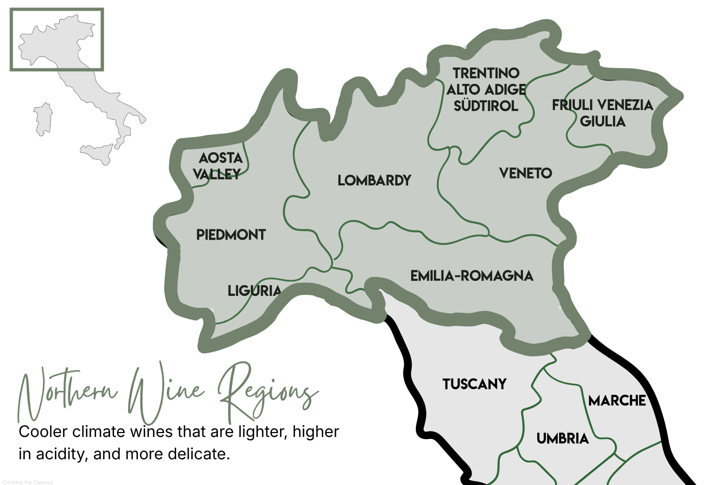 Map of northern wine regions of Italy including Piedmont, Lombardy, Veneto, Trentino Alto Adige, and Friuli Venezia Giulia showing cooler climate wine regions with lighter, higher-acid wines.