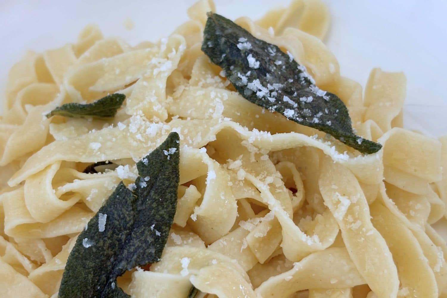 Close-up of fettuccine tossed with butter and topped with crisp fried sage leaves and grated Parmigiano-Reggiano.