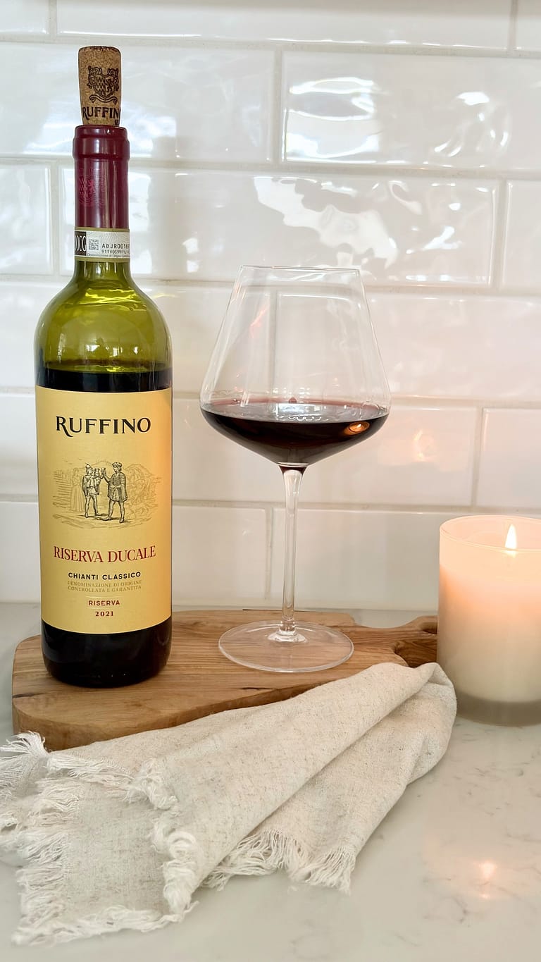 Chianti wine bottle and glass for Italian food pairing